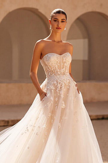 Ivory Tulle A Line Strapless Chapel Train Wedding Dress